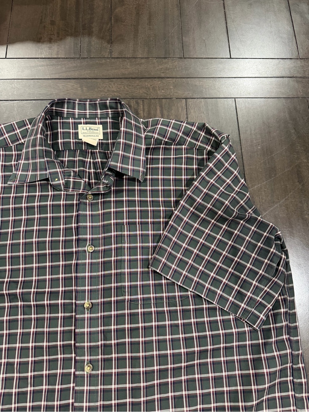 L.L. Bean Green Plaid Short-Sleeve Button-Up Shirt with Red and White Stripes